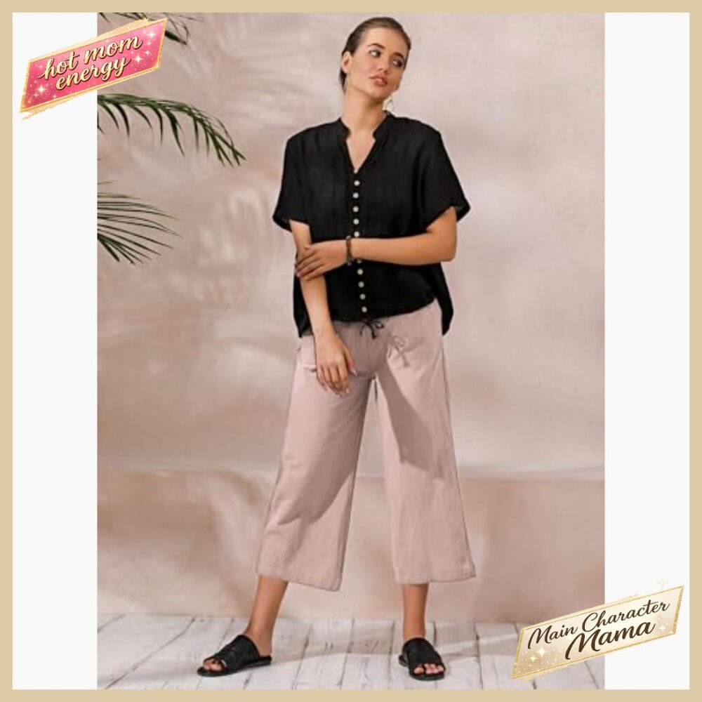 Cotton Cropped Palazzo Pants Loose Fit Wide Leg Casual Elegant Summer - Picture 4 of 7